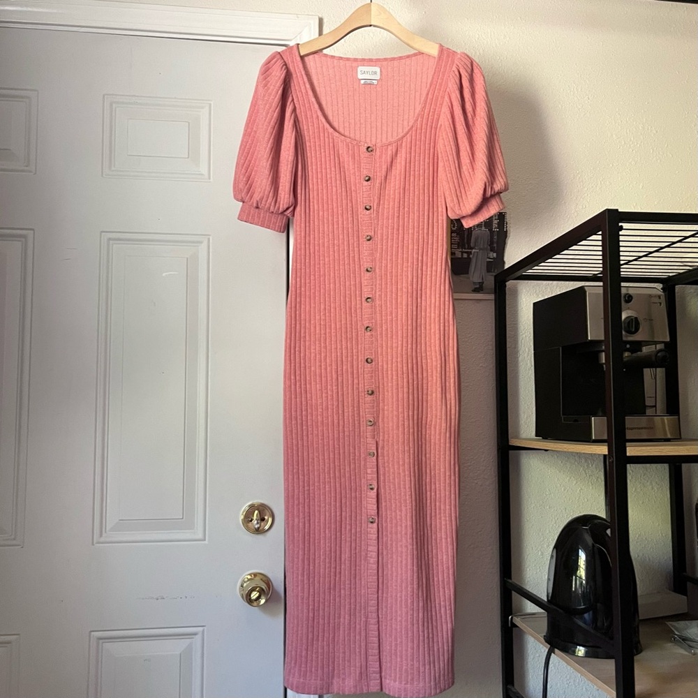 SAYLOR pink rayon blend rib knit short puff sleeve button up‎ midi maxi dress